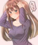  1girl absurdres arms_up blush breasts brown_hair collarbone commentary_request embarrassed green_eyes highres holding holding_hair idolmaster idolmaster_cinderella_girls keffiy long_hair long_sleeves looking_at_viewer medium_breasts purple_shirt shibuya_rin shirt simple_background solo sweatdrop twintails wavy_mouth 