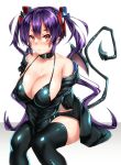  1girl bare_shoulders belt_collar black_legwear blush breasts cleavage demon_tail highres keita_(tundereyuina) large_breasts looking_at_viewer original purple_hair red_eyes simple_background solo tail thigh-highs white_background 