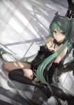  1girl black_legwear black_shoes breasts detached_sleeves dutch_angle green_eyes green_hair hatsune_miku highres kieed long_hair parted_lips reflection revision shoes single_thighhigh sitting small_breasts solo thigh-highs twintails very_long_hair vocaloid wariza 