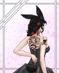  animal_ears back_tattoo breasts bunny_girl bunny_tail corset dress earrings flower flower_pattern from_behind hair_flower hair_ornament hand_on_back highres jewelry less medium_breasts rabbit_ears red_flower rose skull_tattoo tail tattoo tiger_tattoo 