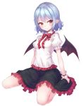  1girl alternate_costume bangs bat_wings black_skirt blue_hair breasts closed_mouth full_body highres junior27016 looking_at_viewer medium_breasts miniskirt pointy_ears puffy_short_sleeves puffy_sleeves red_eyes remilia_scarlet shirt short_hair short_sleeves simple_background sitting skirt smile solo touhou wariza white_background white_shirt wings wrist_cuffs 