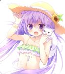  1girl :d absurdres animal animal_ears animal_on_shoulder bangs bare_arms bare_shoulders bikini blush bracelet braid cat cat_ears cat_girl cat_on_shoulder collarbone commentary_request eyebrows_visible_through_hair fang fingernails flower frilled_bikini frills hand_on_headwear hands_up hat hat_flower highres jewelry kinokomushi leaf long_fingernails long_hair midriff navel open_mouth original pearl_bracelet purple_hair round_teeth simple_background smile solo stomach straw_hat sun_hat sunflower swimsuit tassel teeth twintails upper_teeth very_long_hair violet_eyes white_background white_cat yellow_flower 