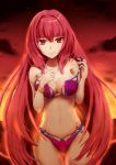  1girl bracelet breasts cleavage fate/grand_order fate_(series) gluteal_fold hair_between_eyes jewelry large_breasts light_smile long_hair looking_at_viewer midriff navel purple_hair red_eyes saitou_(taka_saitwu) scathach_(fate/grand_order) scathach_(swimsuit_assassin)_(fate) solo sunset thigh_gap undressing very_long_hair 