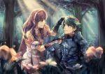  1boy 1girl alm_(fire_emblem) anocurry armor cape celica_(fire_emblem) crown fire_emblem fire_emblem_echoes:_mou_hitori_no_eiyuuou fire_emblem_gaiden flower forest green_hair hair_flower hair_ornament nature redhead smile tree 