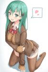  10s 1girl blush bow breasts brown_legwear collarbone eyebrows_visible_through_hair green_eyes green_hair heart highres kantai_collection kneeling large_breasts long_hair looking_at_viewer open_mouth red_bow reinama smile solo speech_bubble spoken_heart suzuya_(kantai_collection) thigh-highs 