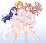  10s 3girls ass bangs blue_eyes blue_hair bra breasts closed_mouth commentary_request feathers flower frilled_bra frilled_panties frills grey_hair hair_flower hair_ornament hoshisakura_(starblossom) kousaka_honoka lingerie long_hair looking_at_viewer love_live! love_live!_school_idol_festival love_live!_school_idol_project microphone minami_kotori multiple_girls navel one_side_up open_mouth orange_hair outstretched_arm panties ribbon see-through sideboob simple_background smile sonoda_umi underwear underwear_only yellow_eyes 