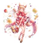  1girl animal_ears apple blue_eyes blush brown_hair eyebrows_visible_through_hair flower food fox_ears fox_tail fruit full_body long_hair looking_at_viewer original ozzingo parted_lips smile solo tail 