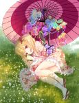  1girl blonde_hair flandre_scarlet floral_print flower hair_ribbon japanese_clothes kimono long_sleeves looking_at_viewer lying noala obi on_grass on_ground on_side open_mouth oriental_umbrella red_eyes red_shoes ribbon sash shoes smile socks solo touhou umbrella white_legwear wide_sleeves wings yukata 