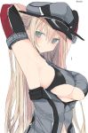  10s 1girl armpits arms_behind_head bare_shoulders bismarck_(kantai_collection) black_gloves blonde_hair blue_eyes blush breasts closed_mouth elbow_gloves gloves grey_hat grey_jacket hair_between_eyes hat highres kantai_collection large_breasts long_hair looking_at_viewer nao_(qqqbb) peaked_cap remodel_(kantai_collection) sideboob simple_background sketch solo twitter_username under_boob white_background 
