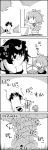  2girls 4koma animal_ears bow cirno comic commentary_request dancing flower futatsuiwa_mamizou glasses greyscale hair_bow highres ice ice_wings kneeling leaf leaf_on_head messy_hair monochrome multiple_girls open_mouth partially_translated plant potted_plant raccoon_ears raccoon_tail short_hair smile sunflower tail tani_takeshi touhou translation_request tree wings yukkuri_shiteitte_ne |_| 