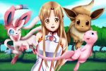  armor arms_behind_back asuna_(sao) braid brown_eyes brown_hair cute detached_sleeves eevee french_braid happy long_hair long_sleeves mew pokemon shiny_hair sincity2100 skirt sword_art_online sylveon tail trees 