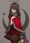  1girl absurdres bangs bow brown_eyes brown_hair capelet crescent fur_trim hairband head_tilt highres hwayoung kurenaino_aria long_hair looking_at_viewer occultic;nine pantyhose red_legwear solo stuffed_toy 