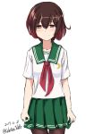  10s 1girl 2017 adapted_costume alternate_costume brown_hair celestea_tera crescent crescent_moon_pin dated gradient_hair green_sailor_collar green_skirt highres kantai_collection multicolored_hair mutsuki_(kantai_collection) neckerchief pantyhose pleated_skirt red_neckerchief redhead remodel_(kantai_collection) school_uniform serafuku short_hair simple_background skirt smile solo standing twitter_username white_background 