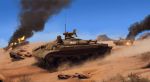  artist_request day desert fire ground_vehicle it-1 military military_vehicle missile motor_vehicle no_humans original sky smoking t-54 tank 