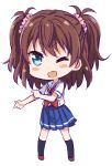  1girl abe_kanari blue_eyes blue_skirt blush_stickers brown_hair chibi hair_ornament hair_scrunchie high_school_fleet looking_at_viewer neckerchief ogasawara_hikari one_eye_closed pleated_skirt red_neckerchief school_uniform scrunchie serafuku short_hair simple_background skirt solo standing twintails two_side_up white_background white_sailor_collar 