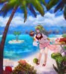  1girl beach bikini chiki coconut coconut_tree fire_emblem fire_emblem:_kakusei fire_emblem_heroes green_hair lijupy looking_at_viewer ocean palm_tree sand_castle sand_sculpture smile solo swimsuit tree 