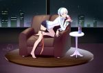  1girl alcohol armchair barefoot blue_eyes blush bottle chair cup dongqing_zaozigao drinking_glass eyebrows_visible_through_hair highres holding holding_drinking_glass looking_at_viewer on_chair parted_lips signature smile solo table voiceroid white_hair wine wine_bottle wine_glass yanhe 
