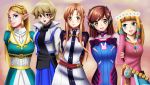  5girls arms_behind_back asuna_(sao) blonde_hair blue_eyes brown_eyes brown_hair d.va_(overwatch) dress green_eyes happy long_hair overwatch plugsuit pose princess_zelda sincity2100 smile sword_art_online tenjouin_asuka the_legend_of_zelda the_legend_of_zelda:_breath_of_the_wild the_legend_of_zelda:_skyward_sword yellow_eyes yuu-gi-ou yuu-gi-ou_gx yuuki_asuna zelda 