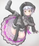  1girl assassin_of_black black_boots black_bow black_hat black_legwear black_ribbon blush boots bow eyebrows_visible_through_hair fate/grand_order fate_(series) green_eyes hair_bow hat highres knee_boots looking_at_viewer parted_lips reinama ribbon scar silver_hair solo thigh-highs 