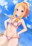  1girl ayumu_(ayumu3659) beach bikini blonde_hair blush bow breasts brown_eyes contrapposto cowboy_shot drill_hair dutch_angle eromanga_sensei front-tie_bikini front-tie_top gluteal_fold hair_bow hands_on_hips long_hair looking_at_viewer medium_breasts ocean pink_bow pointy_ears ponytail red_bow side-tie_bikini smile solo striped striped_bikini swimsuit twin_drills under_boob water yamada_elf 