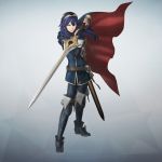  1girl belt blue_eyes blue_hair boots cape falchion_(fire_emblem) fingerless_gloves fire_emblem fire_emblem:_kakusei fire_emblem_musou full_body gloves gradient gradient_background highres holding holding_weapon jewelry long_hair long_sleeves lucina official_art sheath simple_background solo sword thigh-highs thigh_boots tiara weapon 