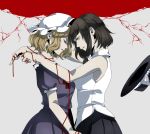  2girls artist_request blonde_hair brown_eyes brown_hair closed_eyes cracked_wall face-to-face forehead-to-forehead hat headwear_removed looking_at_another maribel_hearn mob_cap multiple_girls profile red_string shirt short_hair skirt sleeveless sleeveless_shirt string touhou usami_renko 