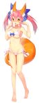  1girl animal_ears blue_bow blush bow breasts cleavage collarbone eyebrows_visible_through_hair fate/extra fate/extra_ccc fate_(series) fox_ears fox_tail full_body hair_bow highres large_breasts long_hair looking_at_viewer mogullaz navel open_mouth pink_hair smile solo tail tamamo_(fate)_(all) tamamo_no_mae_(fate) twintails yellow_eyes 