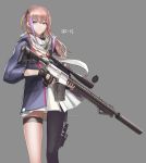  1girl absurdres ar-15 bangs black_gloves black_legwear blue_eyes character_name cowboy_shot dress fingerless_gloves girls_frontline gloves gun highres holding holding_gun holding_weapon jacket letterboxed long_hair looking_at_viewer monaim multicolored_hair one_side_up open_clothes open_jacket parted_lips pink_hair purple_hair rifle single_thighhigh smile solo st_ar-15_(girls_frontline) streaked_hair thigh-highs weapon white_dress 