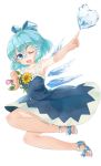  1girl bare_legs blue_bow blue_dress blue_eyes blue_hair bow cirno dress flower hair_between_eyes hair_bow highres ice ice_wings morning_glory murani one_eye_closed open_mouth sandals smile solo sunflower tan tanline tanned_cirno touhou wings 