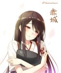  10s 1girl akagi_(kantai_collection) brown_eyes brown_hair character_name collarbone hair_in_mouth head_tilt huyukaaki japanese_clothes kantai_collection long_hair mouth_hold muneate short_sleeves solo tasuki twitter_username white_background 