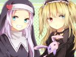  2girls blonde_hair blue_eyes blush boku_wa_tomodachi_ga_sukunai eyebrows_visible_through_hair hasegawa_kobato heart heterochromia highres holding holding_stuffed_animal long_hair looking_at_viewer multiple_girls parted_lips red_eyes silver_hair smile stuffed_animal stuffed_toy takayama_maria teeth twintails yuusa 