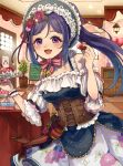  1girl :d beniko08 black_hair blush checkered_floower detached_sleeves dress floating_hair flower hair_flower hair_ornament hair_ribbon headdress heart_hair_ornament highres indoors long_hair looking_at_viewer love_live! love_live!_sunshine!! matsuura_kanan open_mouth pink_ribbon ponytail red_flower red_ribbon ribbon ribbon-trimmed_clothes ribbon_trim smile solo standing violet_eyes wrist_cuffs 