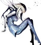  1girl blame! blue_eyes bodysuit breasts cibo cyberpunk cyborg doll_joints floating long_hair looking_at_viewer nabenko pale_skin science_fiction simple_background solo twitter_username white_background 
