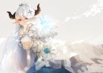  1girl arm_support bare_shoulders breasts brown_eyes elbow_gloves gloves granblue_fantasy hair_ornament hat horns ice izmir nido_celisius outstretched_hand pointy_ears skirt solo under_boob white_hair 