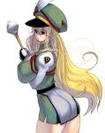  1girl ass blonde_hair blue_eyes breasts hat highres huge_breasts long_hair looking_at_viewer looking_back masao military military_uniform mole mole_under_mouth original simple_background solo staff thick_thighs thighs uniform very_long_hair white_background 