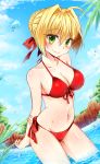  1girl ahoge bikini blonde_hair braid breasts cleavage cowboy_shot day dress fate/extra fate_(series) front-tie_top green_eyes hago hair_bun hair_ribbon long_hair looking_at_viewer medium_breasts outdoors palm_tree partially_submerged red_bikini red_dress red_ribbon ribbon saber_extra side-tie_bikini sky smile solo standing swimsuit tree water 