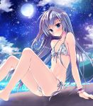  1girl ange_vierge arm_support bare_legs bare_shoulders barefoot beach bikini blue_eyes blue_hair blush breasts collarbone front-tie_bikini front-tie_top hair_ornament highres long_hair looking_at_viewer moon navel night night_sky ocean official_art outdoors polka_dot polka_dot_bikini ribbon ryouka_(suzuya) sand shiny side-tie_bikini sitting sky small_breasts smile solo sougetsu_saya star_(sky) swimsuit wrist_cuffs 