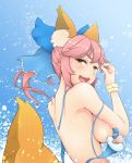  1girl animal_ears bikini blue_bikini blush breasts fang fate/extella fate/extra fate/extra_ccc fate/grand_order fate_(series) fox_ears fox_tail hair_ribbon highres inamochi_keiichirou large_breasts long_hair looking_at_viewer open_mouth pink_hair ribbon sideboob solo swimsuit tail tamamo_(fate)_(all) tamamo_no_mae_(swimsuit_lancer)_(fate) yellow_eyes 