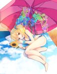  1girl anklet ass bare_arms bare_legs barefoot beach_towel bikini blonde_hair blue_bikini flandre_scarlet flower hair_ornament hair_scrunchie holding holding_flower jewelry looking_at_viewer lying noala on_side open_mouth parasol red_eyes scrunchie smile solo star sunflower swimsuit touhou towel umbrella wings wrist_cuffs 