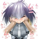  1girl blush breasts collared_shirt eyebrows_visible_through_hair fingerless_gloves gloves grey_hair hair_between_eyes hands_on_another&#039;s_cheeks hands_on_another&#039;s_face head_wings heart kemono_friends looking_at_viewer necktie one_eye_closed pov shirt shoebill_(kemono_friends) staring watarui wavy_mouth yellow_eyes 