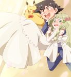  1boy 1girl black_hair blonde_hair brown_hair dress green_eyes highres lillie_(pokemon) pokemon pokemon_(anime) pokemon_(game) pokemon_sm pokemon_sm_(anime) satoshi_(pokemon) wedding_dress 