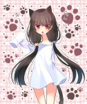  1girl animal_ears black_hair blush cat_ears cat_tail hands_in_sleeves izumi_makoto long_hair long_sleeves looking_at_viewer low_twintails naked_shirt off_shoulder open_mouth original paws red_eyes shirt standing tail twintails 