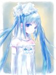  1girl aqua_eyes aqua_hair bare_shoulders dress elbow_gloves gloves hatsune_miku headdress highres jewelry kowiru long_hair looking_at_viewer necklace solo standing twintails vocaloid wedding_dress white_dress 