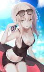  1girl belt blonde_hair breasts cleavage fate/stay_night fate_(series) highres kesoshirou looking_at_viewer navel open_mouth ponytail saber saber_alter shorts sleeveless solo sunglasses sunglasses_on_head surfboard sweat yellow_eyes 