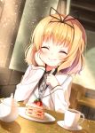  1girl bangs black_shirt blazer blonde_hair blunt_bangs blush cafe cake chair closed_eyes closed_mouth coffee collared_shirt commentary_request cup day dutch_angle eating eyebrows_visible_through_hair facing_viewer flat_chest food foodgasm fork fruit gochuumon_wa_usagi_desu_ka? grey_necktie hair_ribbon hand_on_own_cheek happy highres holding holding_fork indoors jacket kirima_sharo light_particles long_sleeves necktie plaid plaid_necktie plate pov_across_table ribbon saucer school_uniform shirt short_hair sitting slice_of_cake smile solo strawberry strawberry_shortcake table upper_body wainscoting wall wavy_hair wing_collar yodosu915 