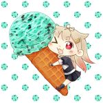  &gt;_o 10s 1girl ;3 ;d black_gloves bow chibi chocolate_mint_ice_cream fingerless_gloves food gloves hair_bow hair_flaps hair_ornament hair_ribbon hairclip heart heart-shaped_pupils hinata_yuu hug ice_cream ice_cream_cone kantai_collection light_brown_hair looking_at_viewer one_eye_closed open_mouth pleated_skirt red_eyes ribbon scarf school_uniform serafuku skirt smile solo symbol-shaped_pupils yuudachi_(kantai_collection) 