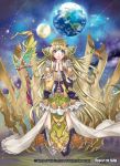  1girl banamons bird blonde_hair bow circlet copyright_name earrings facial_tattoo force_of_will fur_trim jewelry long_hair moon navel official_art planet praying seiza sitting sky solo sparkle staff star_(sky) tattoo teeth thigh-highs 