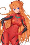  1girl blue_eyes bodysuit contrapposto corgi_(artist) hands_on_hips headgear highres long_hair neon_genesis_evangelion number plugsuit red_bodysuit smile solo souryuu_asuka_langley very_long_hair white_background 