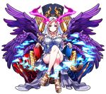  1girl angel_wings bare_shoulders blonde_hair blue_rose breasts character_request cleavage closed_mouth dress flower frown full_body high_heels highres large_breasts legs_crossed looking_at_viewer monster_strike multiple_wings off-shoulder_dress off_shoulder purple_wings red_rose rose seraph simple_background sitting solo throne v-mag veil violet_eyes white_background white_dress wings 