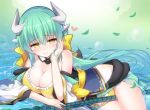  1girl arm_support bikini blush breasts demon_horns fate/grand_order fate_(series) green_hair heart horns kiyohime_(fate/grand_order) large_breasts long_hair looking_at_viewer polearm qixi_cui_xing smile solo spear swimsuit weapon yellow_eyes 